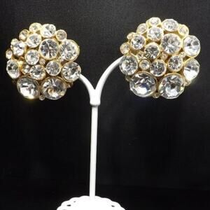 Vintage Clear Rhinestone Clip on Earrings, Cluster Foil Rhinestones, 1 1/2 Inch